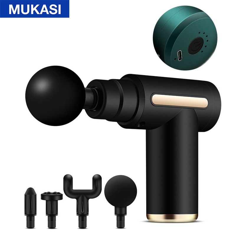Pistola de Masaje Muscular MUKASI, Masajeadora Eléctrica de Músculos, 32 Velocidades, 4 Cabezas de Masaje, Pantalla Táctil LCD, Carga Tipo-C