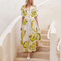 2025 primavera nuevo vestido de playa para mujer de Amazon vestido europeo y americano de impresión elástica de cuatro lados con péndulo ajustado - details 3
