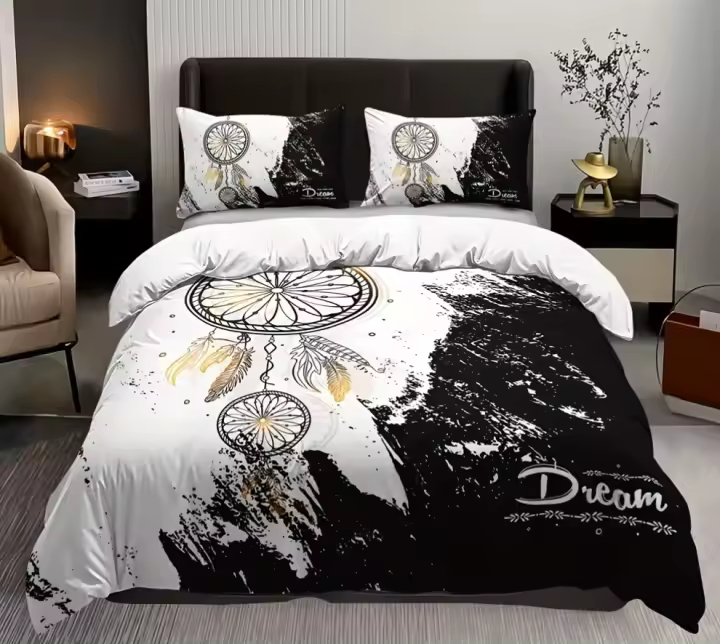 Juego de ropa de cama con atrapasueños blanco y negro, funda de suave y transpirable edredón de fácil cuidado, fundas de almohada de 3 piezas para comodidad en todas las estaciones - 1