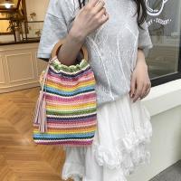 Bolso tejido de arcoíris de estilo bohemio, bolso de mano con borlas, bolso de cubo de verano, bolso de ganchillo tejido dulce para playa, vacaciones - details 6