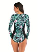 Traje de baño de una pieza con estampado de hojas florales, manga larga, cierre de cremallera en el cuello redondo, traje de baño - details 6
