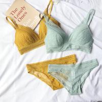 Nueva ropa interior de 4 colores para mujer, Bralette ultrafino sin aros francés, copa triangular de encaje Sexy, conjunto de sujetador de realce, sujetador y bragas de algodón - details 8