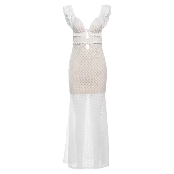 BUNO-Vestido de dos pisos de gato extraño para mujer, vestido con volantes huecos, tirantes sin espalda, encaje liso escalonado, elegante, para fiesta, ajustado - 1