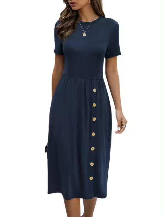 Ds de punto casual para mujer con botón de color sólido, verano - 1