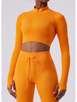 Camiseta deportiva de secado rápido para mujer, Top de Yoga sin costuras, manga larga, con cremallera elástica - details 7