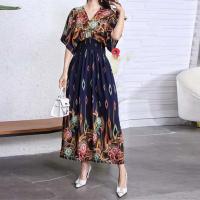 Casual bohemio estilo nacional con cuello en V cintura elástica gran Swing impreso verano Falda larga mujer vestido ropa - details 24