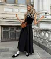 Estilo francés cuello redondo sin mangas Patchwork invierno nuevo vestido largo mujeres moda elegante viaje - details 7