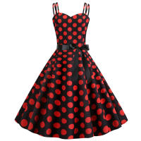 Vestido midi retro de fiesta con estampado de lunares, tirantes finos y cinturón para mujer - details 40