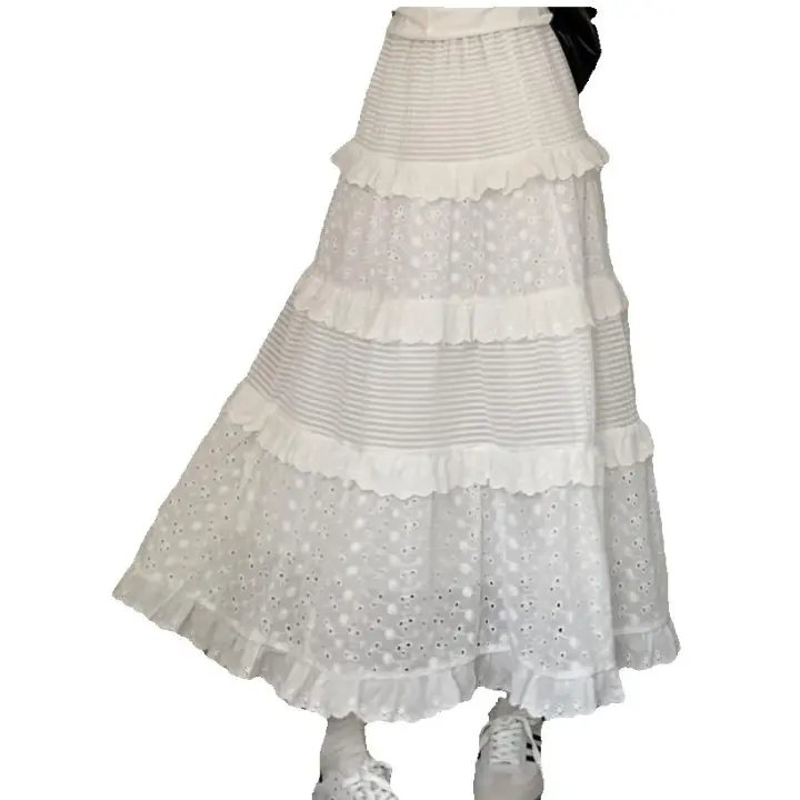 Falda larga de pastel para mujer, cintura elástica, corte A, multicapa, traje de playa, blanco - 1