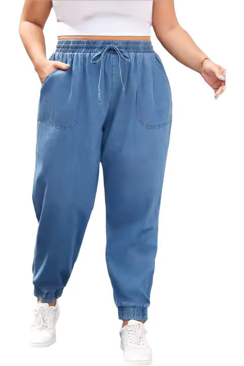 Juggers de Denim Talla Grande Elrachen Cintura con Cordón Azul Atardecer Bolsillo de Cintura - 1
