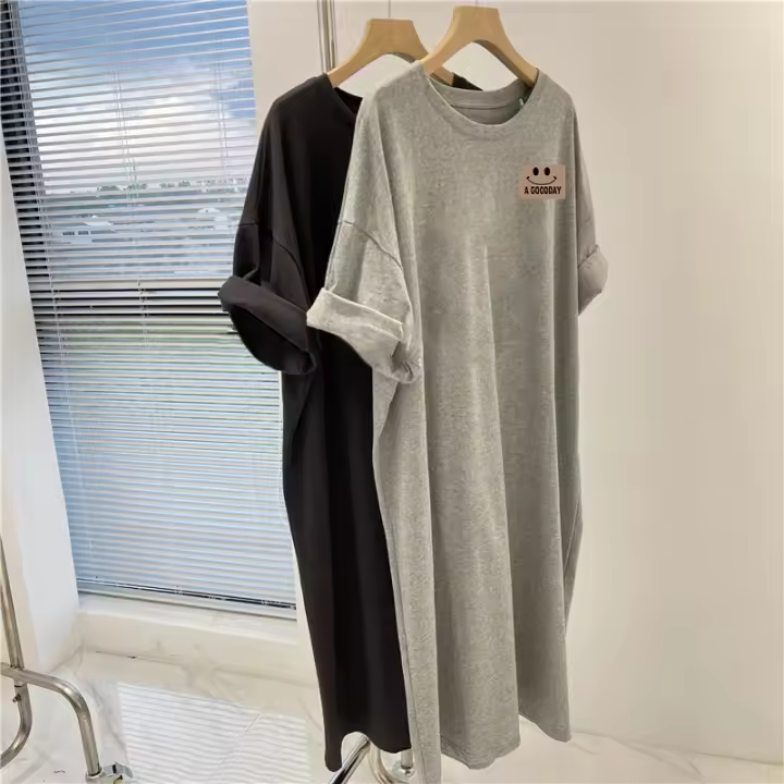 Nuevo vestido de manga corta para mujer, vestido coreano informal holgado de gran tamaño con cuello redondo - 1