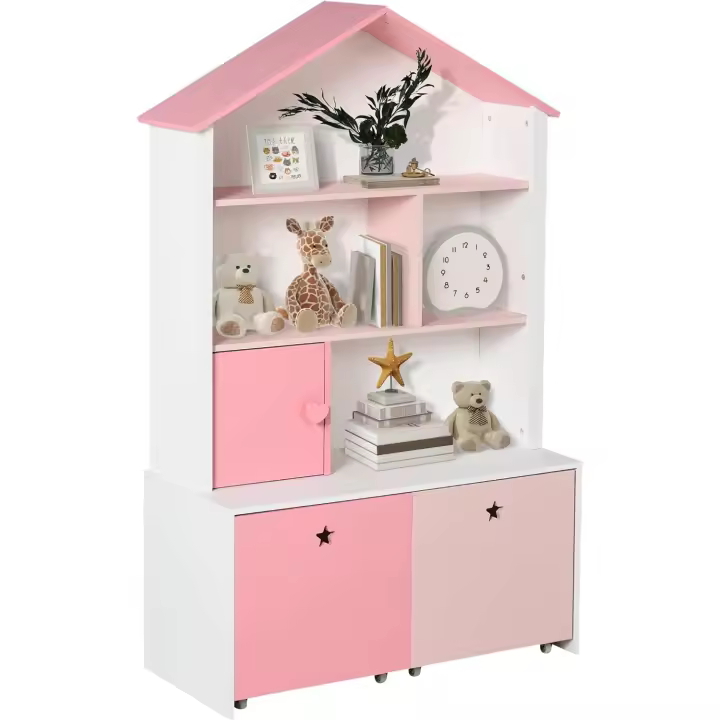 Estante de Libros para Niños con 4 Compartimentos Puerta y Cajones Extraíbles con Ruedas - 1