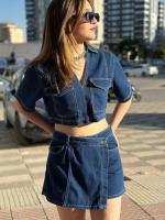 Ropa de trabajo Traje de mezclilla Falda Pantalones Top de manga corta Verano Mujer Chica caliente Cintura alta Irregular - details 12