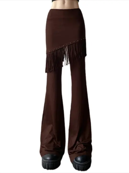 Pantalones de primavera/otoño con cintura BA, corte ajustado, acampanados, con empalme irregular y borlas, promoción para mujer - 1