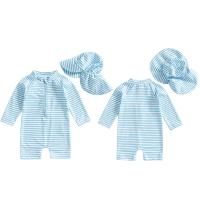 Traje de baño protector para niños y niñas de 0 a 3T Conjunto de 2 uds., estampado a rayas, manga larga y cuello redondo - details 9