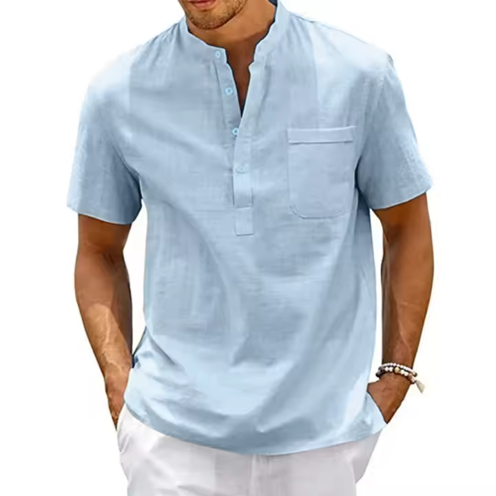 famgem Camisa De Algodón Y Lino Para Hombre Estilo Casual Vintage Con Bolsillo Y Cuello Henley Camiseta De Color Sólido Para Playa Y Calle - 1
