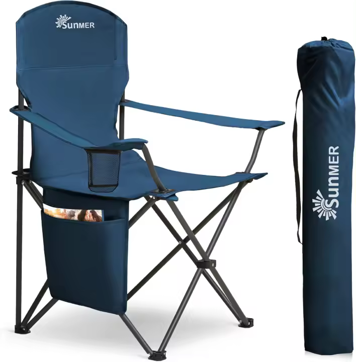 Juego de 2 sillas de Camping Acolchadas Plegables de Lujo con portavasos y Bolsillos Laterales, Capacidad hasta 120 kg, Peso Ligero de 3,3 kg por Silla, Color Negro y Gris - 1