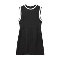 Vestido corto de satén negro sin mangas con cuello redondo y contraste alto para mujer - details 0