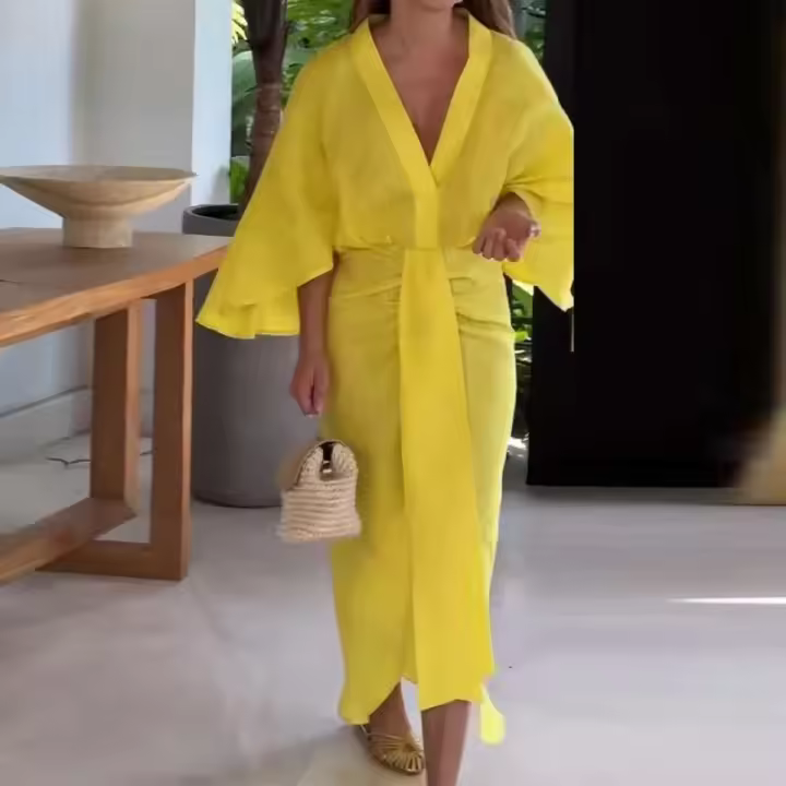 2025 mujeres banquete cuello en V Oficina verano manga larga cintura alta fiesta Casual Color sólido Tie-up vestido femenino - 1