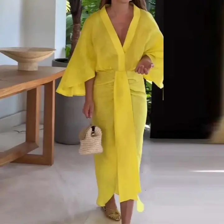 2025 mujeres banquete cuello en V Oficina verano manga larga cintura alta fiesta Casual Color sólido Tie-up vestido femenino - 1