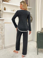 Conjunto De Pijamas Para Mujer En Algodón Gris Longa Manga Larga Y Pantalones Para Dormir Estilo De Otoño Invierno Ropa De Casa 2 Piezas - details 6