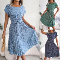 Spring Summer Women Short Sleeve Pleated Long Dress Elegant High Waist Floral Fashion A-line Dress - details 1