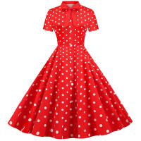 Polka dot print women summer short sleeve striped bow elegant vintage 50s party dress - details 29