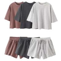 conjunto deportivo Vintage para mujer, traje de pantalones cortos sólidos, camiseta de manga corta con cuello redondo, cortos con cordón, - details 0