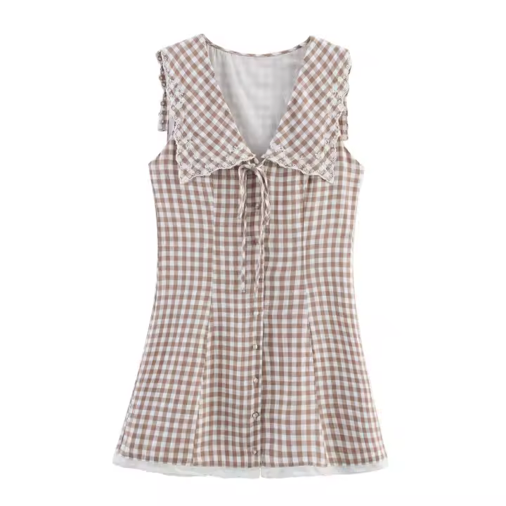 Vestido Corto a Cuadros Pequeños Elegante y a la Moda para Mujer con Cuello Plano Nuevo Estilo 0881/362 - 1