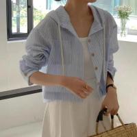 Camisa con Capucha a Rayas para Mujer Cárdigan de Manga Larga Corta Informal Holgado - details 7