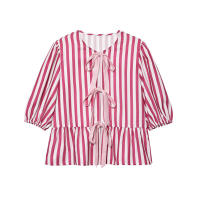 OUWU- Top Elegante A Cuadros Con Lazo Calado Y Cordones Para Mujer, Blusa Corta Elegante Con Cuello Redondo Y Manga Abombada, Camisa Informal De Calle Para Señora Nueva - details 2