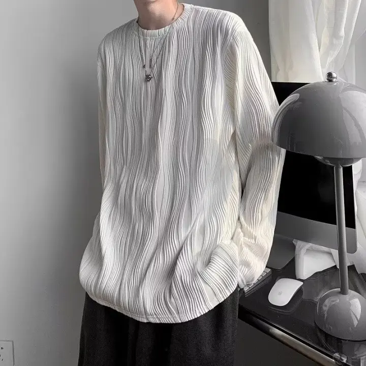 Camiseta de Manga Larga con Cierre Interior de Moda Otoñal Camiseta Base de Alta Calidad para Hombres Cuello Henry Suelto Material de Algodón - 1