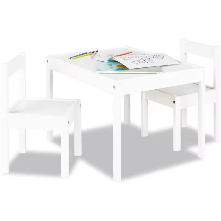 Grupo de Asientos Infantiles, 3 piezas, de madera, 2 sillas y 1 mesa, para niños a partir de 2 años, lacado en blanco - 1