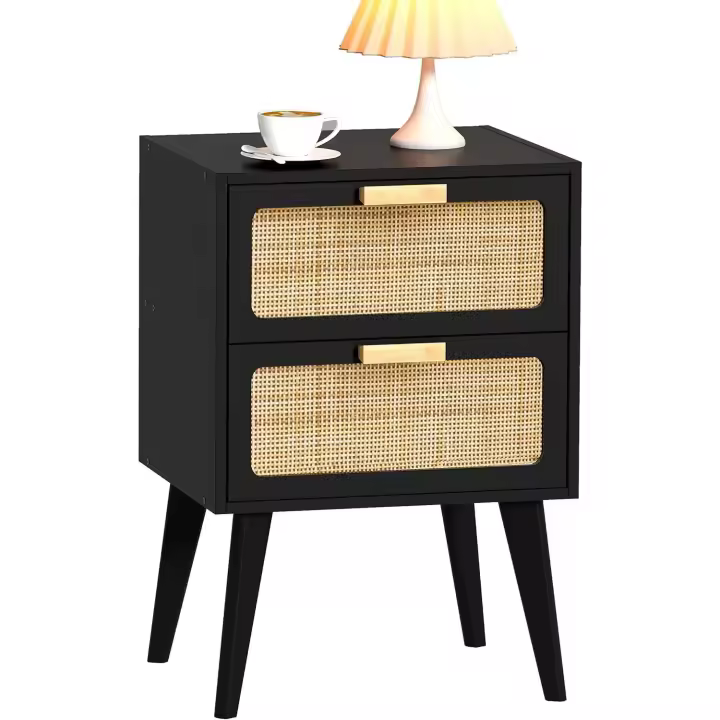 Cajonera, Gabinete de Noche, Mesitas de Noche, mesitas auxiliares, con 2 cajones Decorados de ratán, a Mano, Mesa Auxiliar, para Dormitorio, Salón, Natural DECTG59Y - 1