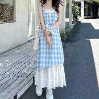 Vestido largo holgado Retro de verano para mujer, vestido con tirantes de dos piezas falso a cuadros para mujer - details 15