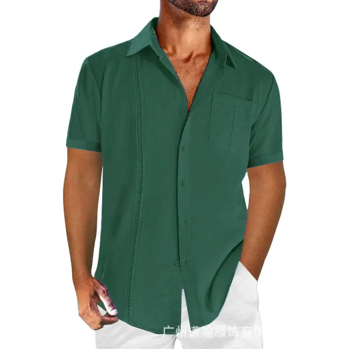 Camisa de algodón y lino de manga corta para hombre, casual, de color sólido, con encaje, de Mov Summer. - 1