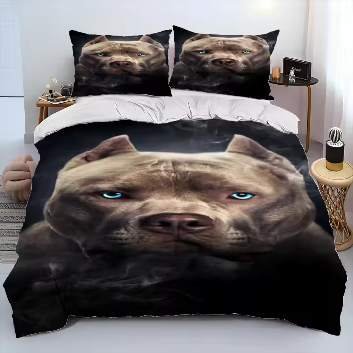 Juego de Ropa de Cama de Dibujos Animados de Perro Pitbull Funda de Edredón, Funda de Almohada, Funda de Cama para Adultos y Niños Tamaño Rey y Reina - 1