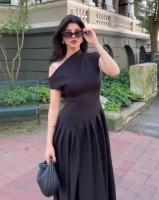 BUNO-Vestido plisado verde elegante para mujer, vestidos largos de retazos de manga corta con cuello redondo a la moda, ropa de calle informal para oficina para mujer 2025. - details 15