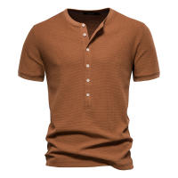 Camiseta de manga corta de punto con cuello Henry, camiseta informal de cuello redondo de color sólido para hombre, camiseta de gofre de talla europea - details 4
