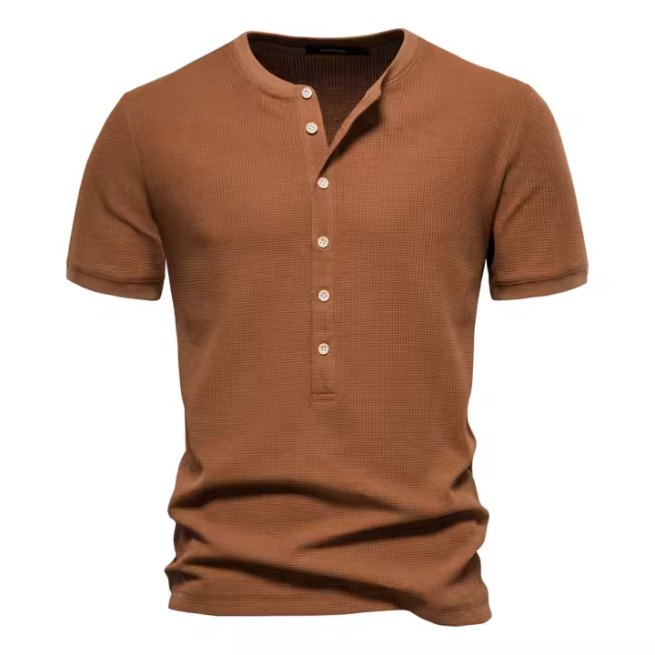 Camiseta de manga corta de punto con cuello Henry, camiseta informal de cuello redondo de color sólido para hombre, camiseta de gofre de talla europea - 1