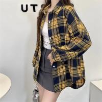 Camisa de franela negra para mujer, camisa a cuadros de tartán abotonada con cuello de manga larga, chaqueta informal para adolescentes y niñas, traje diario - details 4
