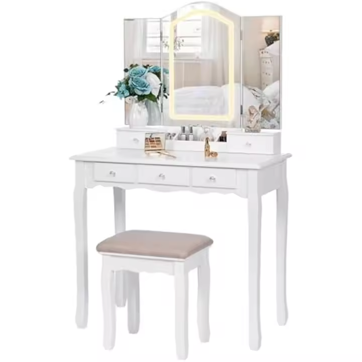 Conjunto Blanco Espejo Tríptico Y 3 Modos De Colores, Mesa De Maquillaje - 1