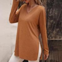 Camiseta de Manga Larga para Mujer Cuello en V Color Sólido Moda Coreana en Punto - details 5