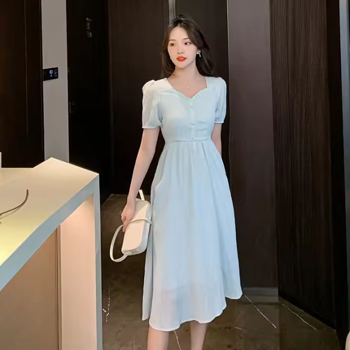 Falda larga de cintura alta para mujer, falda larga con temperamento, novedad de verano, vestido francés adelgazante, dulce y fresco, con cuello cuadrado - 1
