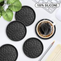 Posavasos de silicona con soporte para bebidas, posavasos para bebidas calientes o frías, bandeja gruesa antideslizante, antiadherente, color negro, paquete de 6 - details 0
