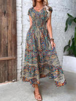 Vestido largo bohemio con cuello en V para mujer con vestido de péndulo con estampado floral en la cintura - details 3