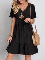 Vestido Sexy con volantes y cuello en V para mujer, vestido veraniego holgado Vintage bohemio informal liso para fiesta en la playa - details 5