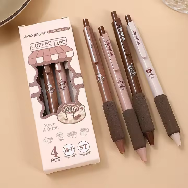 Juego de 4 bolígrafos de gel de 0,5 mm, tinta negra, escritura suave, neutro, papelería escolar, material de oficina, color marrón - 1