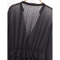 Primavera 2025, Vestido de Mujer con Volantes de Puntos de Malla, Cuello en V y Cintura Elástica, Corte en A, Vestidos Largos Negros - details 12