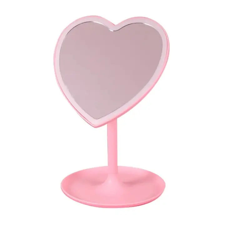 Espejo de maquillaje LED en forma de corazón con iluminación de 3 colores y soporte, espejo de tocador cosmético recargable de escritorio, iluminado portátil - 1
